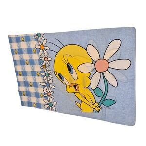 Vintage 1998 Tweety Bird Pillowcase Looney Tunes Warner Bros Gingham Blue Daisy